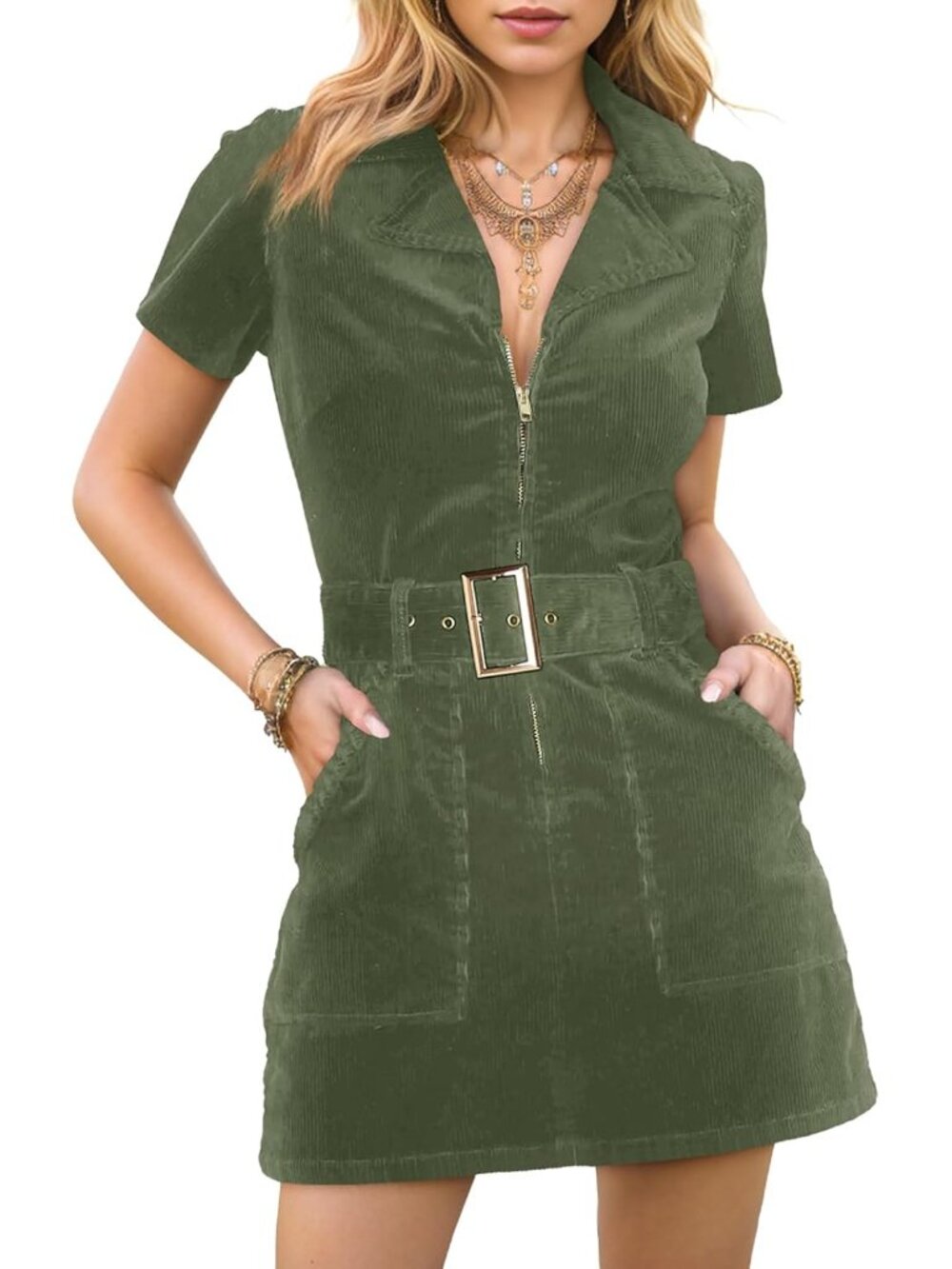 Women's Corduroy Mini Dress Short Sleeve Cowboy Dresses